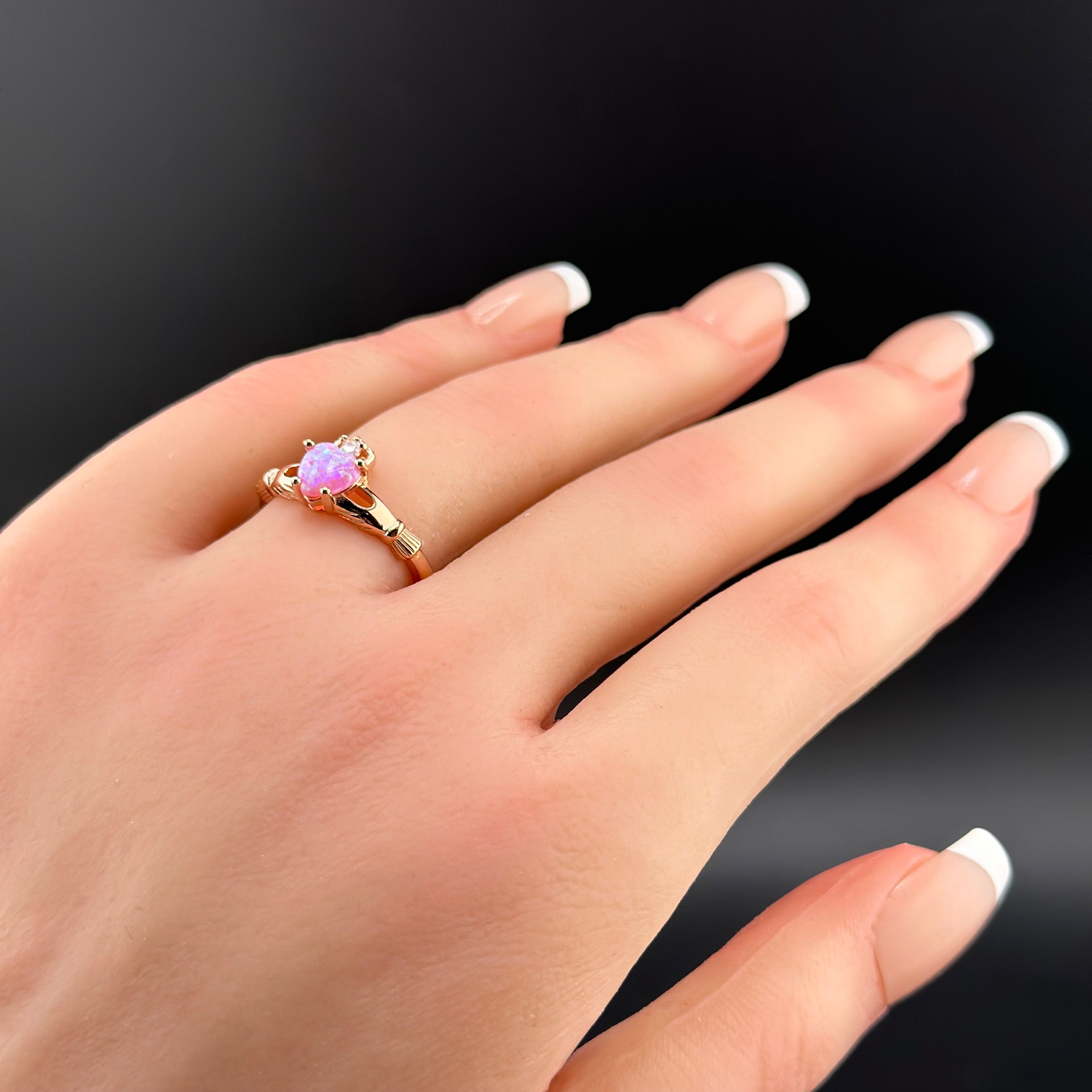 Rose Gold Pink Opal Claddagh Ring