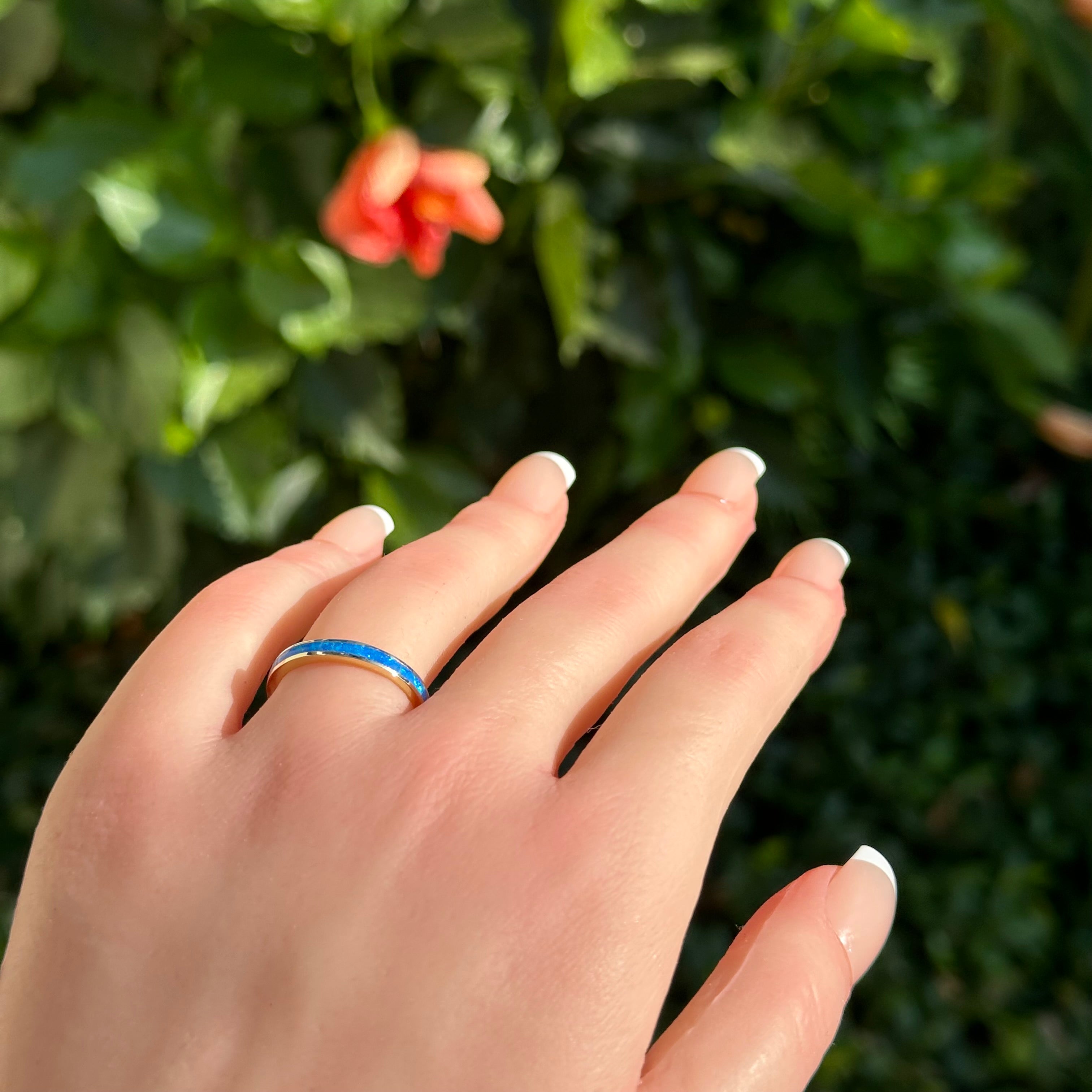 Yellow Gold Blue Opal Band Ring