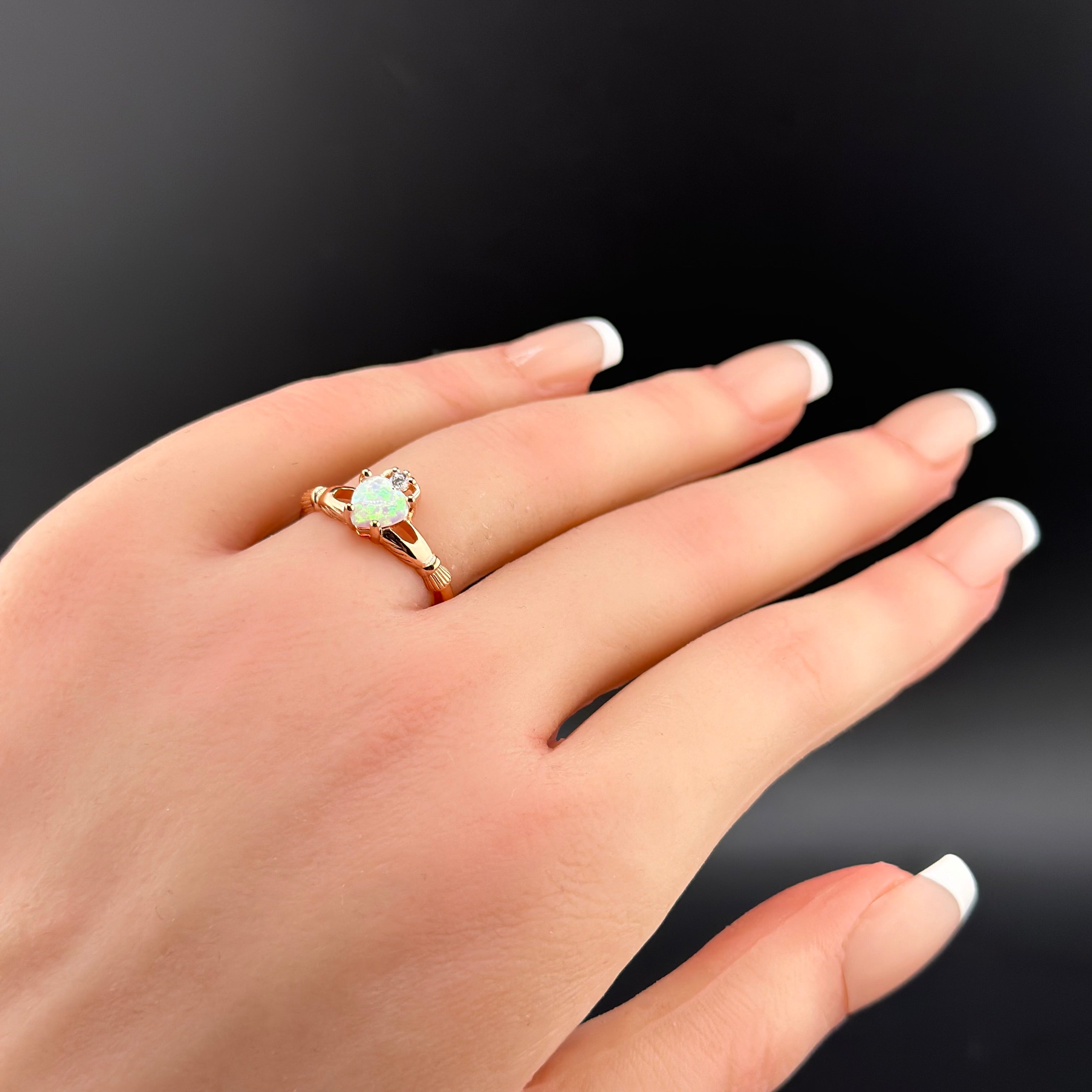 Rose Gold White Opal Heart Claddagh Ring