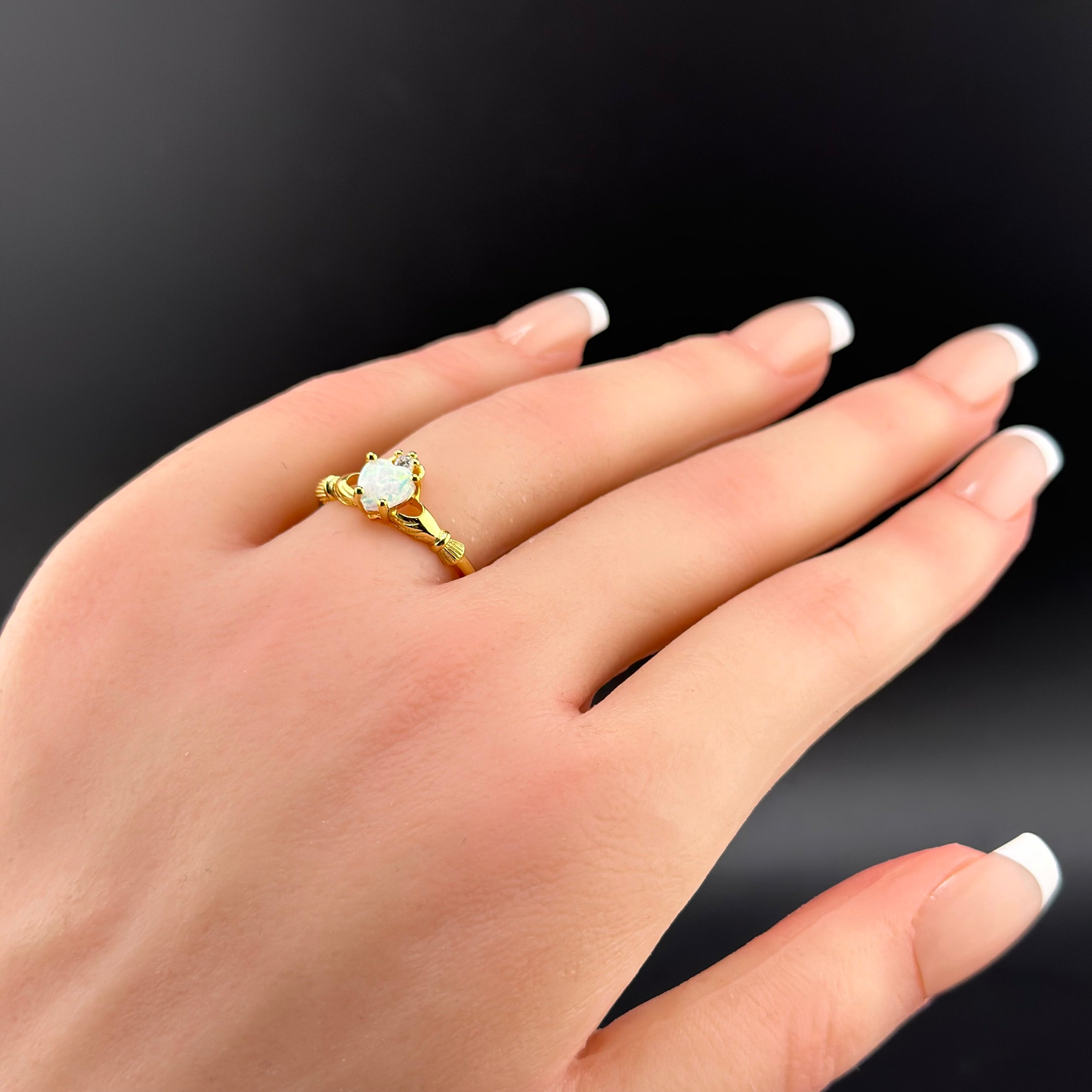 Gold White Opal Claddagh Ring