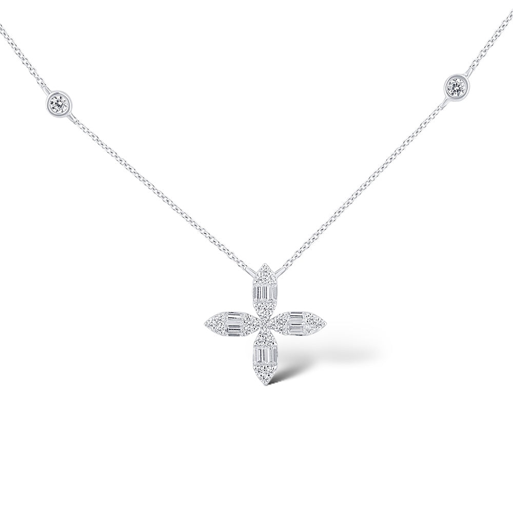 Cross Of Petals 14K White Gold Diamond Necklace