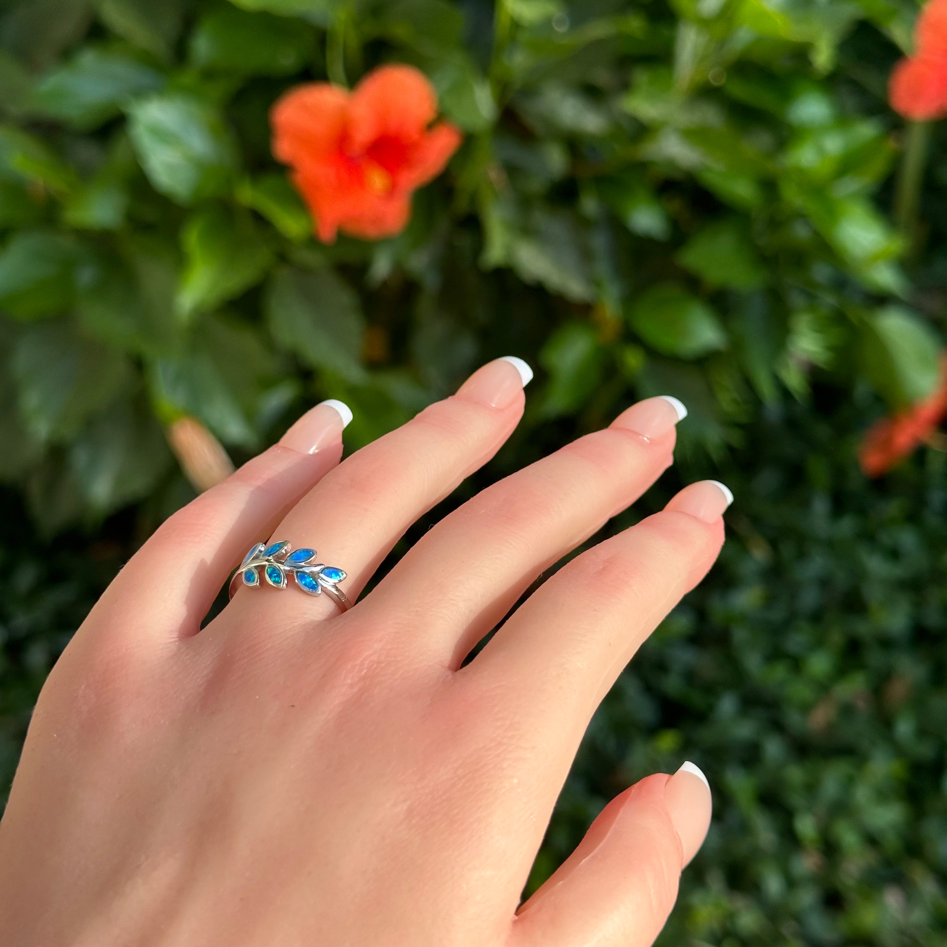 Luminous Blue Opal Leaf Ring