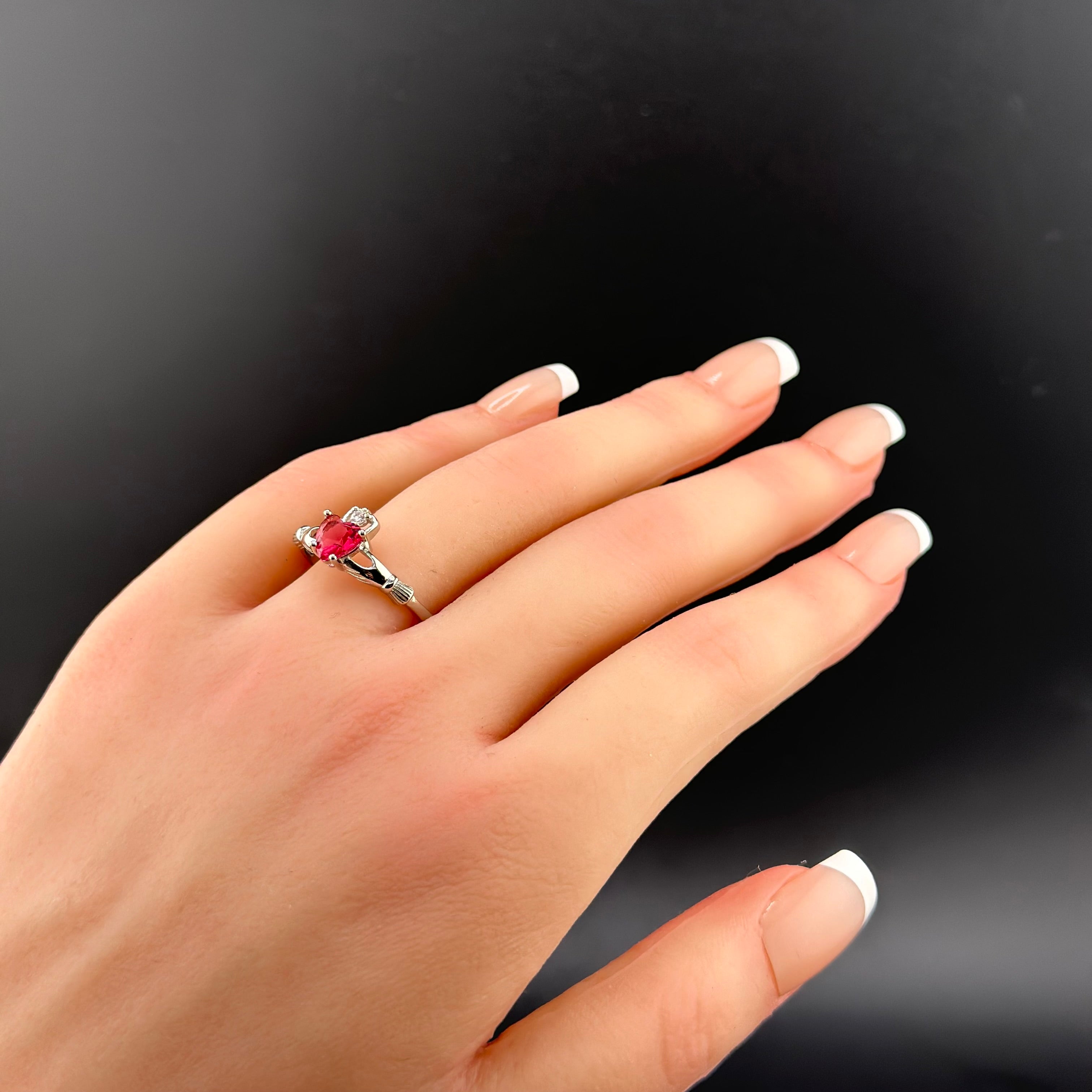 Crimson Ruby Heart Claddagh Ring