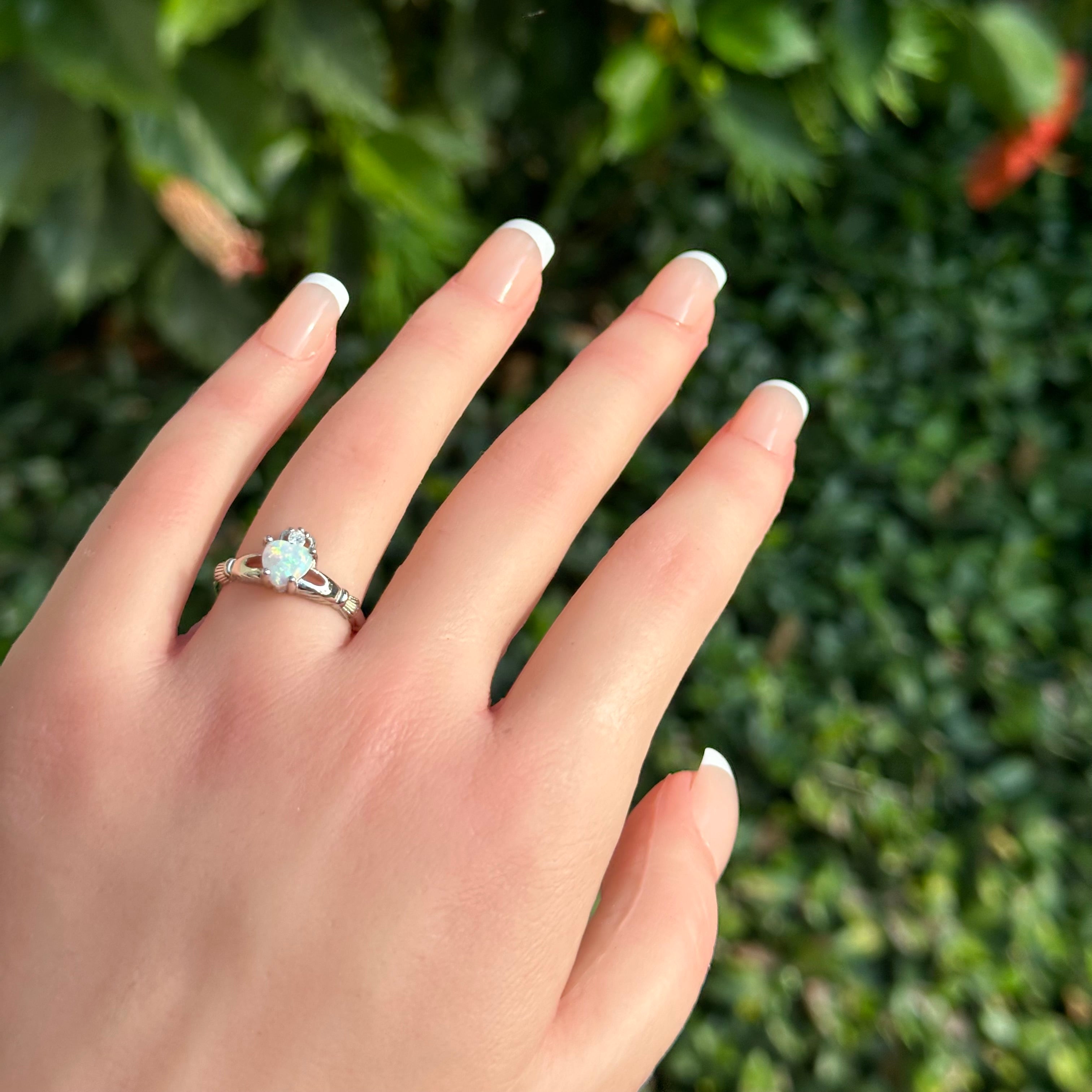 Sacred Bond White Opal Claddagh Ring