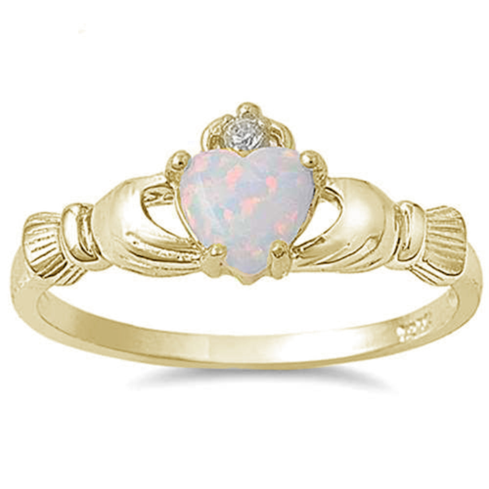 Gold White Opal Claddagh Ring