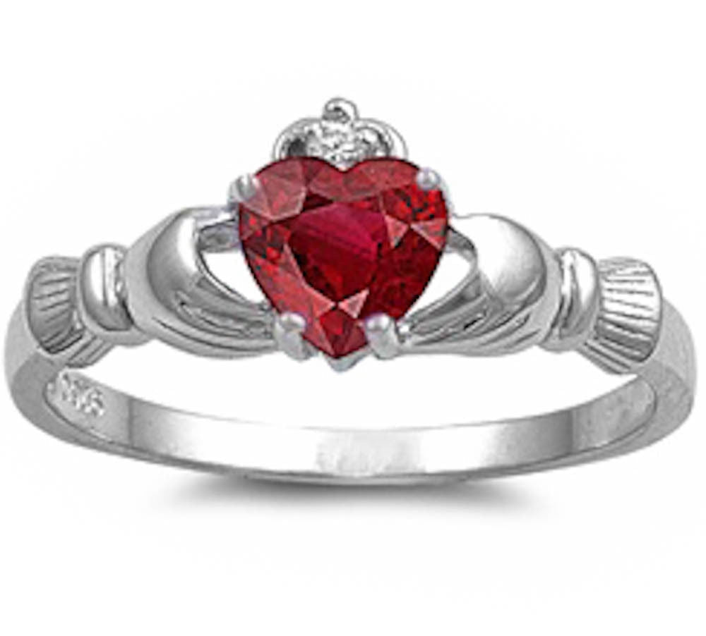 Crimson Ruby Heart Claddagh Ring