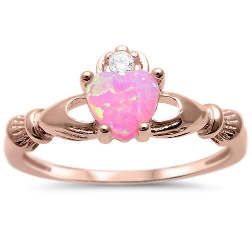 Rose Gold Pink Opal Claddagh Ring