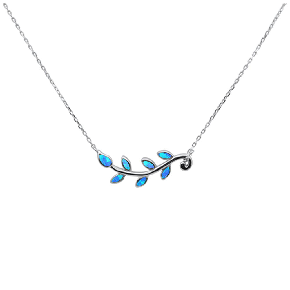 Blue Opal Olive Branch Leaf Pendant Necklace