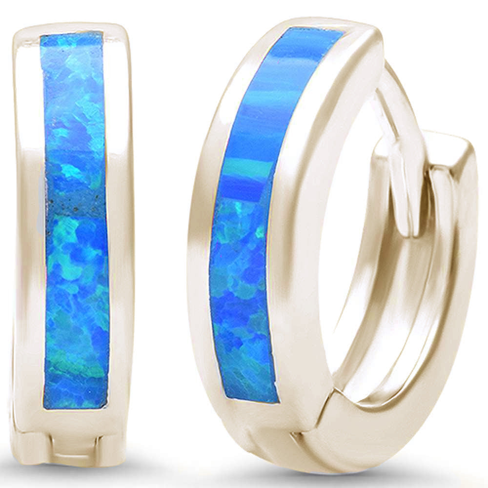 Yellow Gold Blue Opal Hoop Huggie Earrings