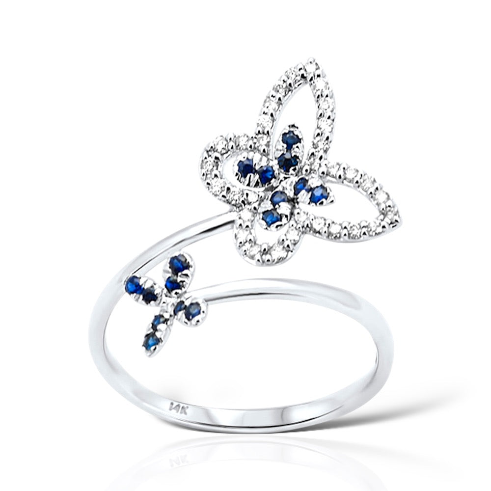 Wings Of Butterfly 14K White Gold Diamond & Sapphire Ring