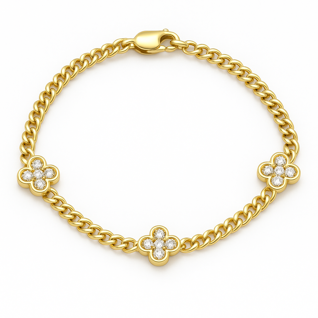 Floral Link 14K Yellow Gold Diamond Cuban Bracelet